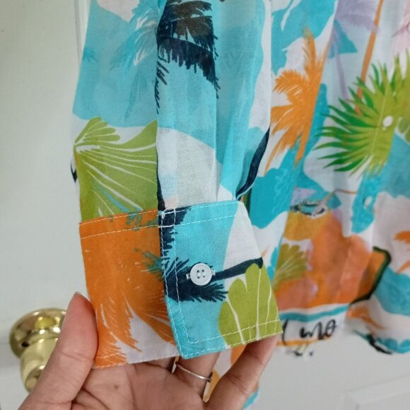 Violet Sky Shirt Tropical Print Button-Up Sz L Cotton Blend Vibrant Colors Women - Picture 3 of 10